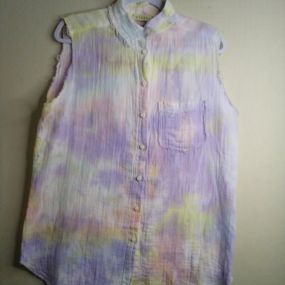 Stark X Blouse Women M Button Up Sleeveless Raw Hem 100% Cotton Colorful